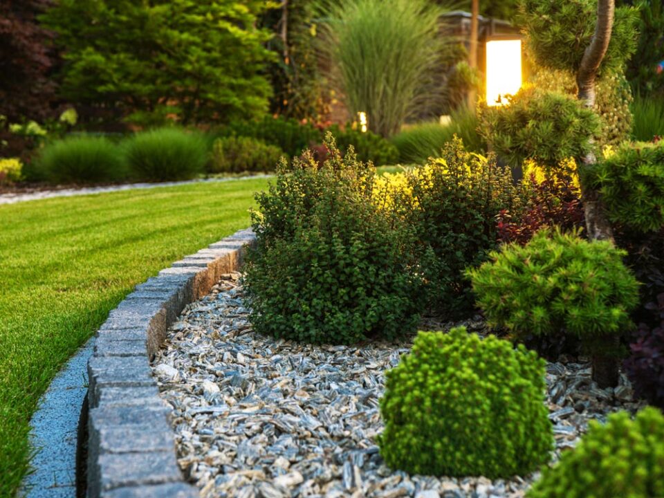 residential landscaping with outdoor lighting